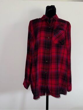 J.Jill Red & Black Plaid Button Front Shirt Long Sleeve Collard Top Medium